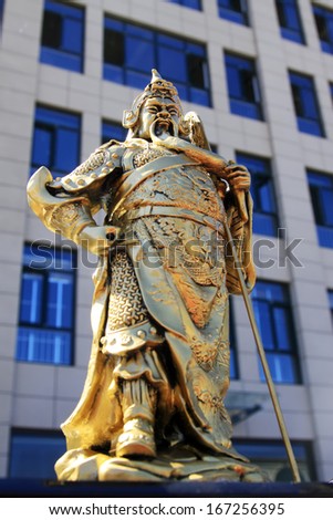 TANGSHAN CITY, CHINA - AUGUST 31: The the general Guan YU bronze sculpture in ancient China on August 31, 2013, Tangshan city, Hebei province, China.