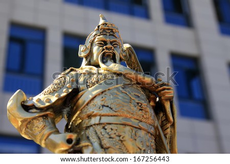 TANGSHAN CITY, CHINA - AGGUST 31: The general GuanYU bronze sculpture in ancient China on August 31, 2013, Tangshan city, Hebei province, China.