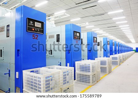 Luannan County, China - December 20: The Mechanical Equipment And Plastic Crate In A Production Workshop, In The Zeao Spinning Ltd., On December 20, 2013, Luannan County, Hebei Province, China.