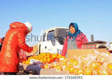 LUANNAN COUNTY - JANUARY 28: Customer and vendor in bargaining, before a fruit stalls, on january 28, 2014, Luannan county, Hebei province, China.