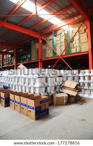 LUANNAN COUNTY - JANUARY 5: Ceramic closestool products assemblies in a warehouse, in the ZhongTong Ceramics Co., Ltd. January 5, 2014, Luannan county, Hebei Province, China.