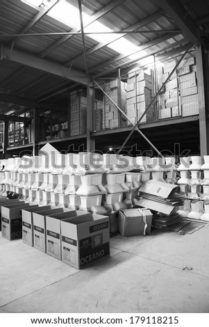 LUANNAN COUNTY, CHINA - JANUARY 5: Ceramic closestool products assemblies in a warehouse, in the ZhongTong Ceramics Co., Ltd. January 5, 2014, Luannan county, Hebei Province, China.