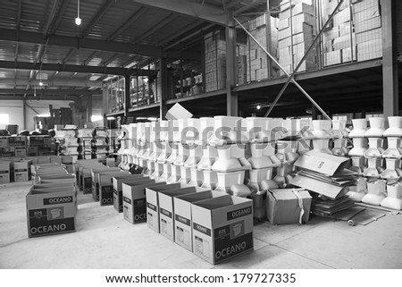 LUANNAN COUNTY - JANUARY 5: Ceramic closestool products assemblies in a warehouse, in the ZhongTong Ceramics Co., Ltd. January 5, 2014, Luannan county, Hebei Province, China.