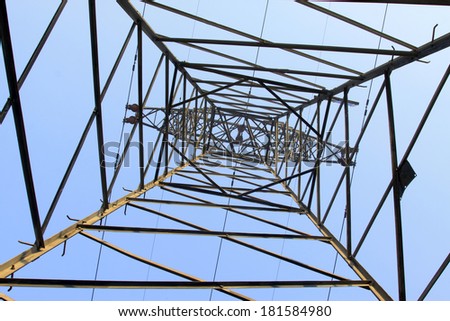 electric tower bottom view in the blue sky, steel power transmission facilities