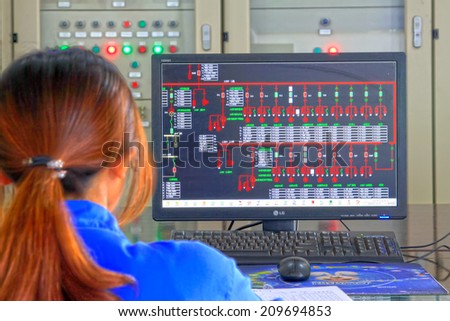 TANGSHAN - JUNE 18: Female technician in view display state in the control room, in a iron and steel co., on June 18, 2014, Tangshan city, Hebei Province, China