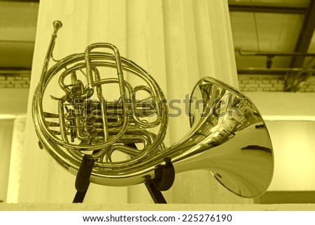 brass-wind instrument in a shop, closeup of photo