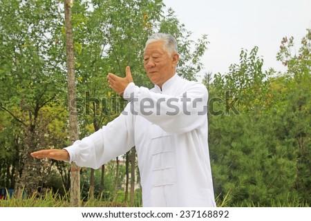 LUANNAN COUNTY - SEPTEMBER 20: Old man boxing performance in a square on September 20, 2014, Luannan county, Hebei Province, China