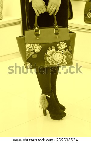 Lady bag and high heels, closeup of photo
