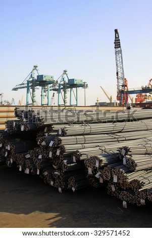 deformed steel bar piled up together, in the bulk terminal