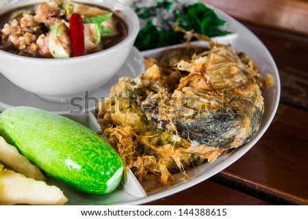 Fried Mackerel fish,chili sauce ,and fried vegetable, Thai food