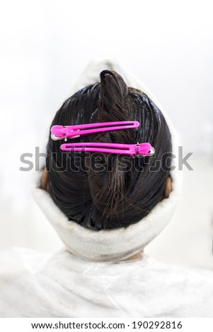 Back head serene woman coloring on white background. Fermentation hair stick pin.