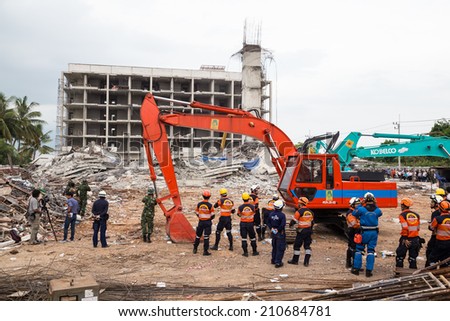 Pathum Thani, Thailand - 13 Aug 2014: the building collapse. during construction ( U Place Tower), Find many workers trapped inside ruins, tragedy occurred on Aug 11, 2014 at 16: 16 pm, In Thanyaburi.