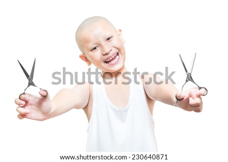 Boy bald shaved head and shaved eyebrows with scissors ,isolate on white background