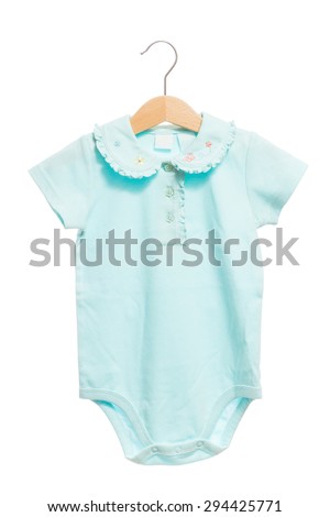 Blue baby clothes bodysuit front view in clothes hanger, isolated on white background.