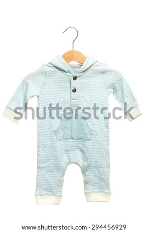 Blue stripe pattern baby clothes bodysuit have hood front view in clothes hanger, isolated on white background.