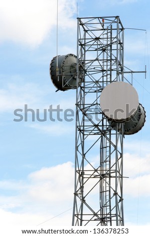 Microwave antennas on a communications tower.