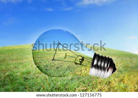 Green grass and blue sky view in light bulb