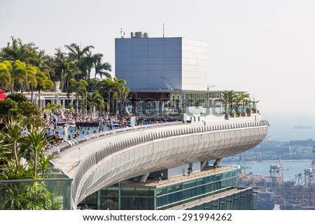 SINGAPORE - FEBRUARY 27, 2015: View of roof top pool at Marina Bay Sands sky garden. Marina Bay is one of the most famous tourist attraction in Singapore.