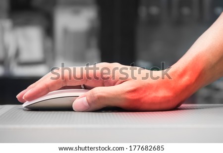 Hand holding computer mouse having wrist pain caused by incorrect posture