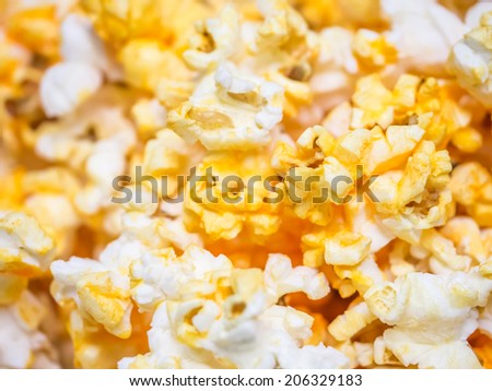 Macro shot of popcorn symbolize of movie time, selective focus
