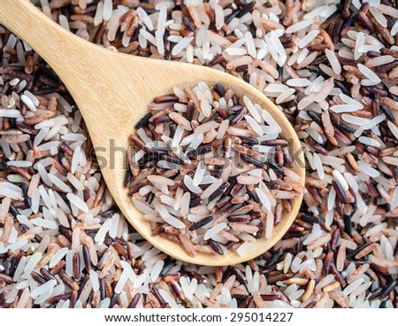 Macro shot of mixed raw rice agricultural product in wooden spoon