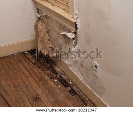 water damaged interior wall in an old house