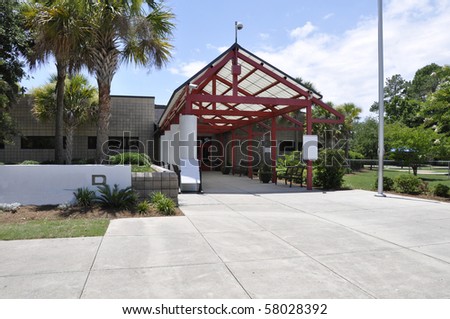 Covered entrance for a modern school building in South Carolina.