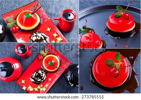 Collage of dessert and sweets. Red chinese  tea set.  Fruit  jelly with chocolate syrup. Food background.