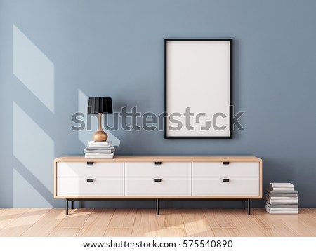 Black Poster Frame Mockup hanging on the blue wall, modern bureau with Table lamp and books. 3d rendering