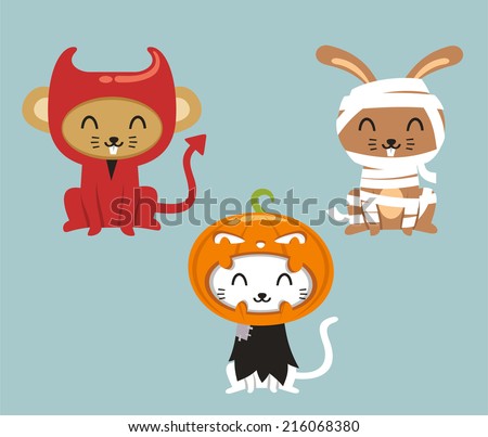 Halloween animals cat, hare and mouse in cartoon costumes