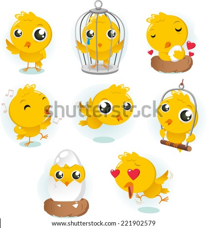 Cartoon Canary bird action set collection. standing bird, in cage bird, in love bird, singing bird, flying bird, egg breaking bird and flying in love bird vector illustration.