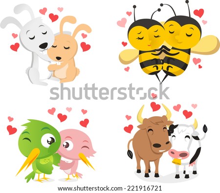 Animals in love, with dogs in love, bees in love, birds in love and cows in love vector illustration.