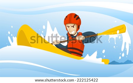 Illustration of a man riding a kayak.