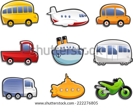 Transportation icons, with bus, plane, car, truck, lorry, ship, submarine, motorcycle. Vector illustration Cartoon.