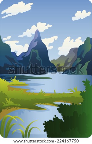 valley mountain with river and mountains landscape cartoon illustration.