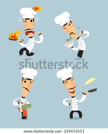 Chef Cook Set 2 with pan bowl stir fire pan vector illustration Also with chef hat chef uniform mustache Chef Cook Set 2 with pan bowl stir fire pan vector illustration Also with chef hat chef uniform mustache