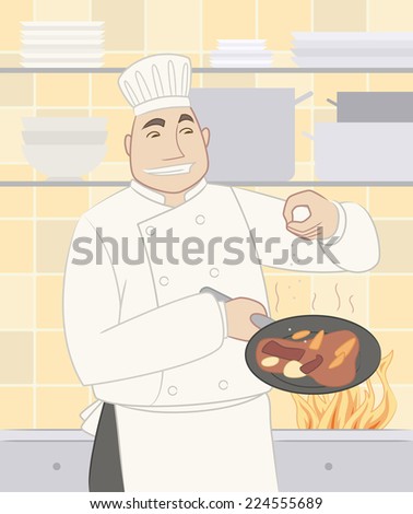 Chef cook cooking gourmet dish food in a pan vector cartoon illustration