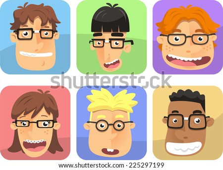 Master prodigy intelligent nerd avatar, with six different nerds wearing thick rimmed glasses. With black hair, brown hair, red colored geek, vector illustration.