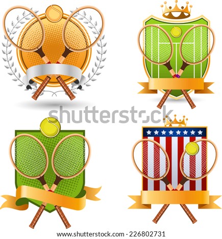 Sport Tennis racket ball emblem with crown and Star shape, banner vector illustration.