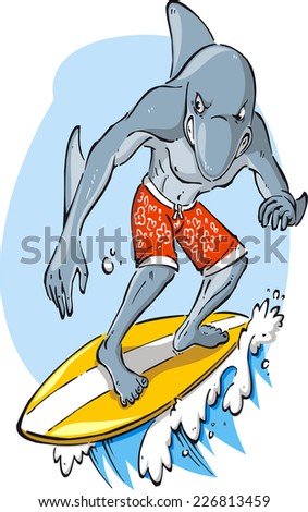 Furious Dolphin Surfer Surfing Water Wave Sport vector cartoon.