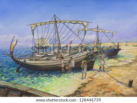Painting. Gouache on paper. The painting depicts the ancient Greek merchant ship. The painting was done in 2011.