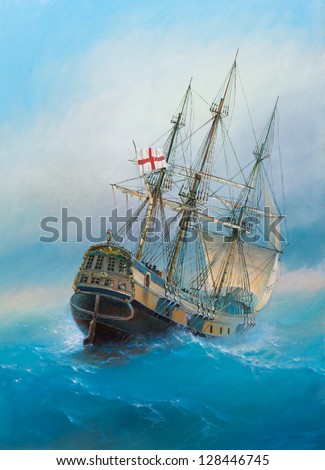 Painting. Oil on canvas. Shows a 19 Th century sailing ship. The painting was created in 2008.