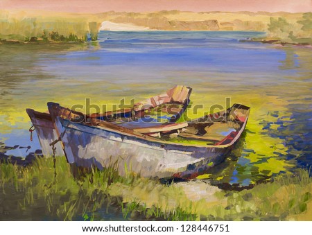 Painting.The picture is written by me in 2010. Used paper and gouache. Drawing boats on coast lake.