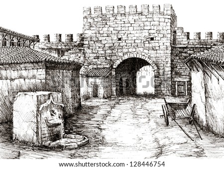 My artwork. Hand drawing picture. Used white paper and ink pen. Drawing the old fortress gates. Created in January 2010.