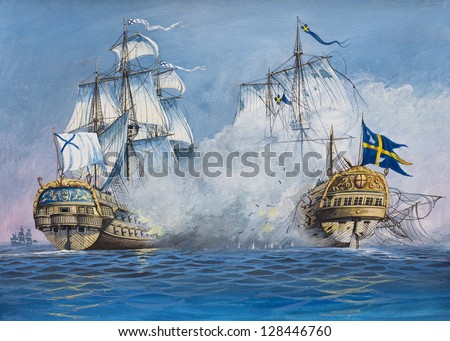 Painting.The picture is written by me in 2002. Used paper and gouache. Drawing battle of medieval Sailing Ships. Russia vs Sweden