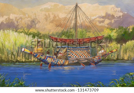 Painting.The picture is written by me in 2012. Used textured paper and gouache. Drawing Egyptian Pharaoh boat. Watercolor painting.