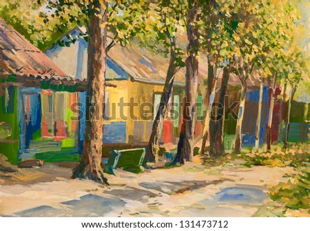 The painting depicts the autumn holiday village street. Used gouache. Picture painted in 2010.