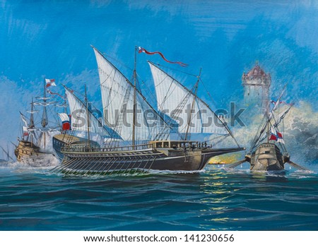 Painting.The Picture Is Written By Me In 2002. Used Paper And Gouache. Drawing Battle Of Medieval Sailing Ships.