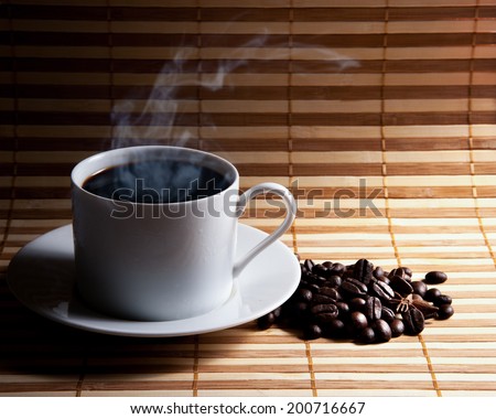 Coffee cup and saucer on a wooden