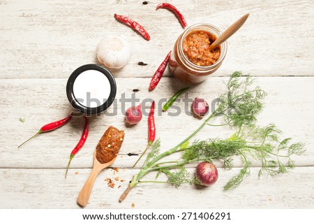 thai kitchen food spice herb pepper grass red onion garlic chilly ginger for cooking original eastern food syle on wood
